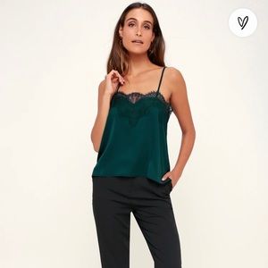 Lulu’s Maddox Dark Teal Green Satin Lace Cami